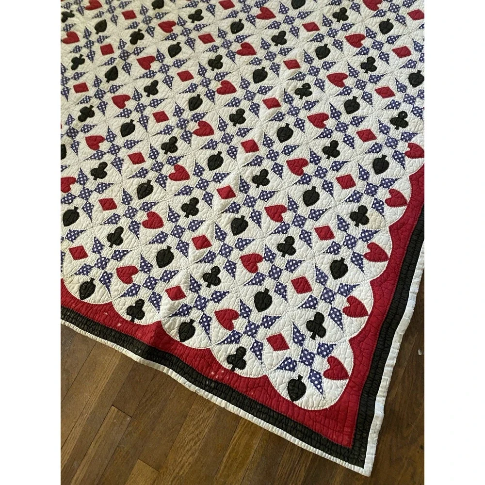Vintage 1930s Quilt Western Texas Poker Polka Dots Folk Art Playing Cards 75x60